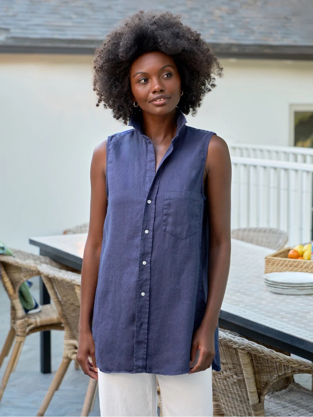 Frank&Eileen Finley Sleeveless Linen Button-Front Shirt Tunic in Deep Navy Small